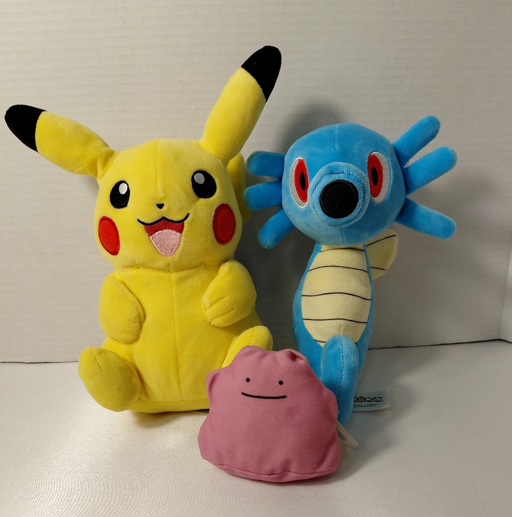 Pokemon Plush Set - Yellow Pikachu, Blue Horsea, Pink Ditto